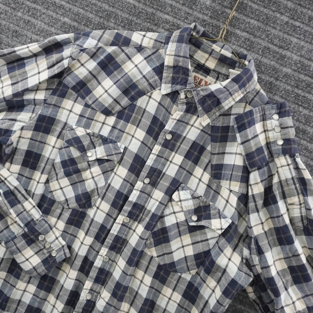 Vintage Ely Cattleman Western Shirt Medium Blue Plaid Pearl Snap Long Sleeve